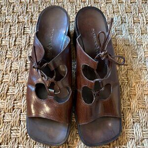 Rare vintage Patrick Cox Ghillie slides with chunky heel in brown leather